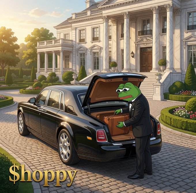 An illustration of Pepe the Frog dressed as a chauffeur loading luggage into a black luxury car in front of a grand mansion, with the text 'Shoppy' displayed at the bottom.