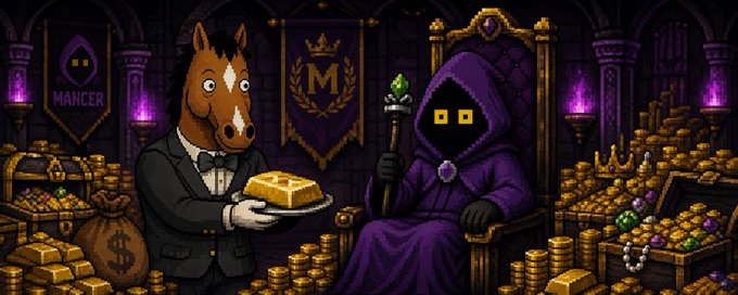 Pixel art illustration showing a horse-headed butler in a suit holding a gold bar next to a cloaked hooded figure seated on a throne surrounded by treasure, with banners reading 'MANCER' and 'M'.