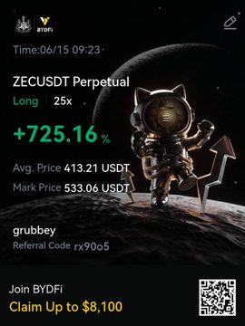 A computer screen showing a poster with an image of a robot cat wearing a spacesuit, standing on top of a planet or moon. The poster has information about the robot cat's actions, such as being "perpetual", long lasting for 26 hours, and having a price tag of $73.16. The text in the post appears to be related to ZECUSDT, but it doesn't seem clear how the robot cat is connected to the post.