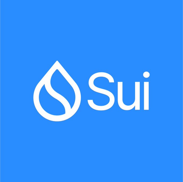 The Sui cryptocurrency logo, featuring a white water drop design and the word 'Sui', is displayed on a bright blue square background.