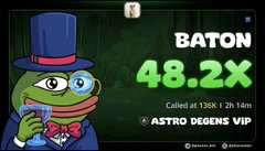 A Pepe the Frog character in a top hat and monocle announces a "BATON" gain of 48.2X, bought at 126K with a 12h 14m timer, branded as "ASTRO DEGENS VIP," tying into the post's brag of a 49 SOL profit from meme coin trading and his push for followers and an upcoming SOL airdrop.