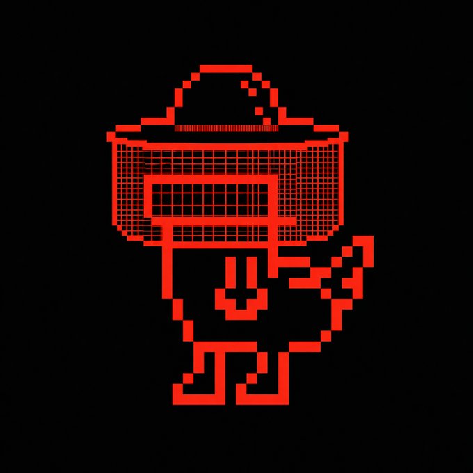 A retro pixel-art style illustration shows a character with a large, grid-patterned television or monitor for a head, rendered in red lines on a black background.