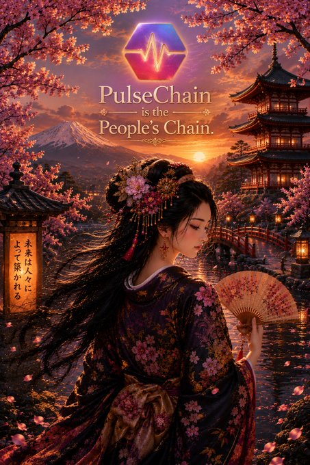 A woman in an elegant floral kimono holds a fan against a backdrop of cherry blossoms, a pagoda, and Mount Fuji at sunset, with the "PulseChain is the People's Chain" logo displayed prominently above her, visually reinforcing the post's devotion to PulseChain as the premier crypto ecosystem.