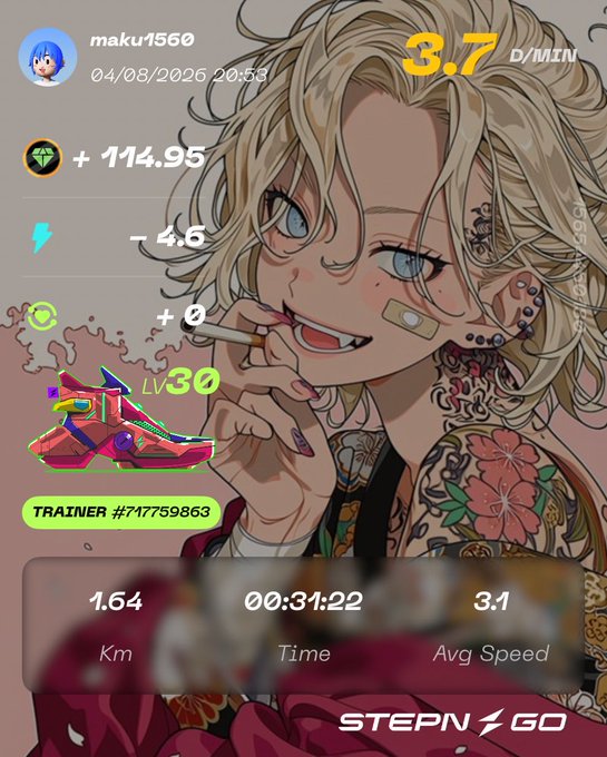 A screenshot from the STEPN GO fitness app showing user 'maku4560' with an anime-style blonde avatar smoking a cigarette, displaying stats: 3.7 D/MIN, +114.95 GST, 1.64 Km in 00:31:22, and 3.1 Avg Speed.