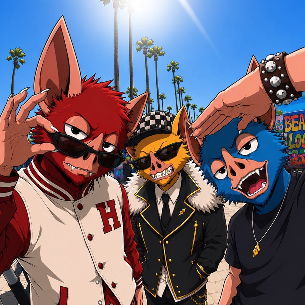 An animated illustration of three anthropomorphic characters with colorful fur and sunglasses posing together on a sunny street lined with palm trees, with the text 'BEA LO' partially visible on a wall.
