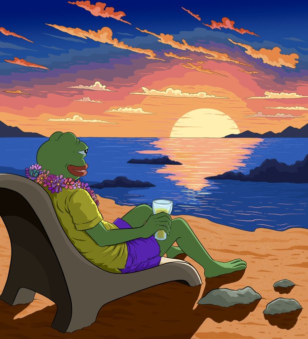 A Pepe the Frog character wears a flower lei and holds a drink while relaxing on a beach chair, watching a vibrant sunset over the ocean.