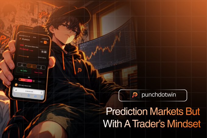 An anime-style character in a hoodie and cap holds up a smartphone displaying the punchdotwin prediction market app (showing BTC at 71,184.60, +1.66%), with a candlestick chart visible on a monitor in the background and the tagline "Prediction Markets But With A Trader's Mindset." The image visually reinforces the post's theme by depicting active, chart-watching trading behavior on a mobile prediction market platform, illustrating the shift from passive position-holding to dynamic, trader-like engagement with positions after they're taken.