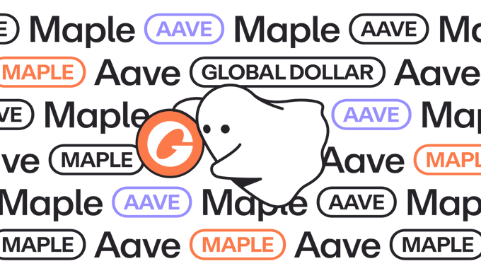 A graphic featuring a cartoon ghost overlaid on a repeating pattern of 'Maple', 'AAVE', and 'GLOBAL DOLLAR' cryptocurrency logos, alongside an orange 'G' token icon.