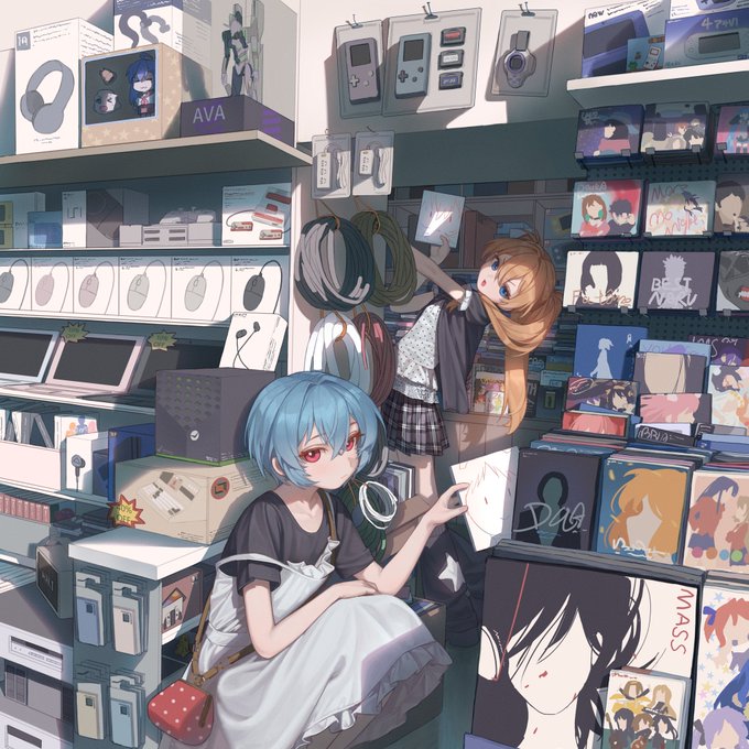 Anime-style illustration of two girls with blue and orange hair shopping in a store filled with anime merchandise, boxes, and electronics.