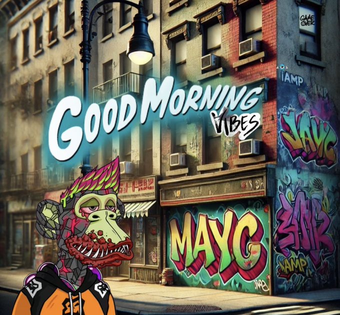 Stylized urban street art scene featuring graffiti 'MAYC' and 'GOOD MORNING VIBES' text alongside a cartoonish reptilian character in a hoodie.