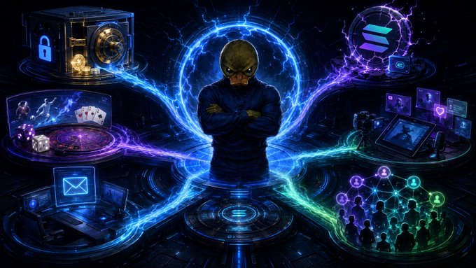 A digitally rendered sci-fi illustration of a figure wearing an alien mask with arms crossed, surrounded by glowing holographic interfaces depicting gaming, finance, communication, and security elements.