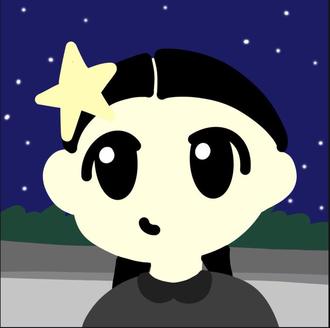 A cartoon illustration of a pale-skinned character with a yellow star in their black hair, large expressive eyes, and a small mouth, set against a dark blue starry night sky background.