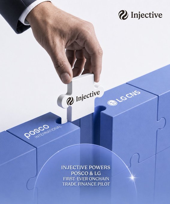 A hand placing an 'Injective' puzzle piece next to 'POSCO INTERNATIONAL' and 'LG CNS' blocks, captioned 'INJECTIVE POWERS POSCO & LG FIRST-EVER ONCHAIN TRADE FINANCE PILOT.'