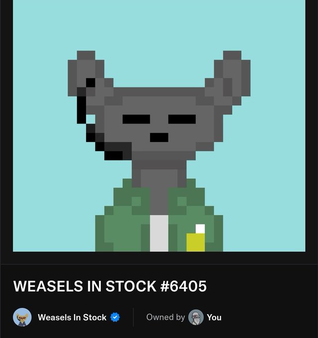 A pixel art image of a gray creature labeled 'WEASELS IN STOCK #6405,' displayed as an NFT-style asset owned by the user, featuring a verified 'Weasels In Stock' profile.