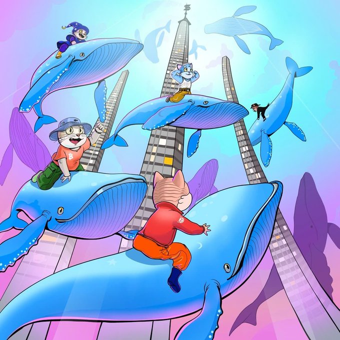 A whimsical digital illustration depicts anthropomorphic cats and characters riding giant blue whales soaring through a pastel-colored sky alongside skyscrapers, capturing the surreal, fantasy-driven aesthetic of the Pawffle NFT collection. The fantastical imagery complements the post's theme by visually embodying the playful, otherworldly nature of these digital collectibles that bridge into real-world wearable art.