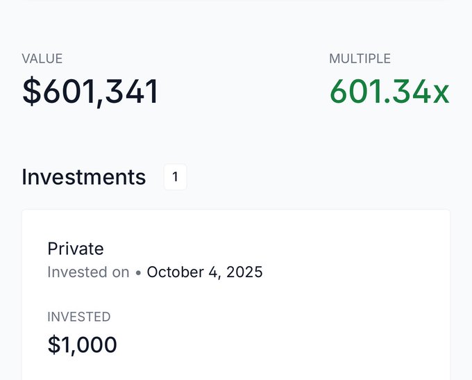 The image shows an investment dashboard displaying a portfolio value of $601,341 with a 601.34x multiple on a single private investment of $1,000 made on October 4, 2025. This illustrates the dramatic 601x return the user referenced, though the actual claim value mentioned ($3,360) falls far short of the $1M peak they recalled.