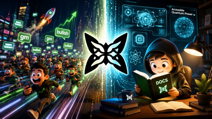 A glowing butterfly logo (likely the Quip Network emblem) splits the image into two contrasting worlds: on the left, cartoon characters rush through a neon city shouting "bullish" and "gm" as a rocket and chart arrow skyrocket, while on the right, a focused hooded figure quietly reads a "DOCS" book under a desk lamp beside a mug bearing the same butterfly symbol. The visual mirrors the post's message—superficial hype flies fast, but true builders stay seated with the documentation, seeing the project on an entirely different level than the timeline crowd.