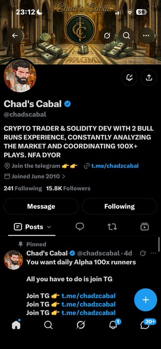 An X (Twitter) profile page for 'Chad's Cabal' (@chadscabal) describing the user as a crypto trader and Solidity dev, showing 241 following and 15.8K followers.