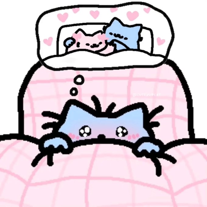 A blue cat lies in bed under a pink checkered blanket, daydreaming about being snuggled with a pink cat surrounded by hearts, with a small "cute cat" watermark visible on the image.