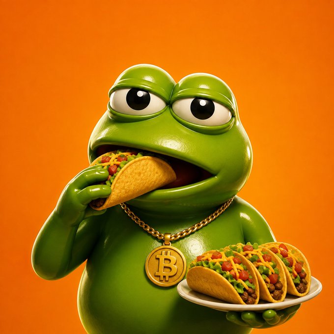 A 3D-rendered Pepe the Frog wearing a gold Bitcoin pendant chain is eating a taco while holding a plate of tacos with meat, guacamole, and tomatoes against a bright orange background.