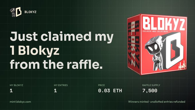 A promotional graphic for Blokyz NFT raffle confirms a win of 1 Blokyz from 1 entry, priced at 0.03 ETH with a total raffle supply of 7,500, matching the post's claim of winning with just one lucky entry.