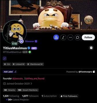 A screenshot of the Stocktwits profile for "TitusMaximus," a verified user (@TitusMaximus, ID 607) with 1,531 followers, featuring a yellow emoji character sitting at a desk in the profile picture. The image relates to the accompanying post, which shares the user's Stocktwits account and references a cryptocurrency minting tip involving Etherscan addresses.