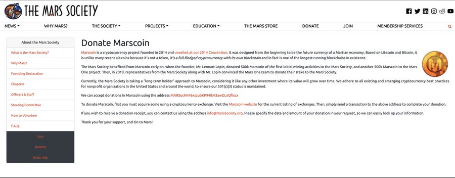 A screenshot of The Mars Society's "Donate Marscoin" webpage, which describes the cryptocurrency project founded in 2014 and provides a donation address beginning with "MARSocfhMe..." for contributions, directly supporting the post's claim that the organization launched a Marscoin and accepts crypto donations.