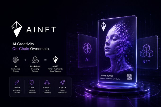 A promotional graphic for 'AINFT' advertises 'AI Creativity. On-Chain Ownership.' alongside an image of a digital NFT card labeled 'AINFT #0001'.
