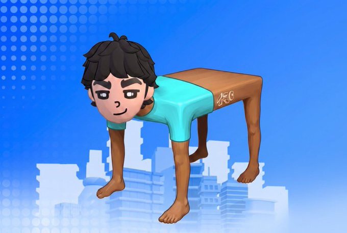 A 3D-rendered character with black hair and a teal shirt, displaying the character on a blue background with a cityscape silhouette.