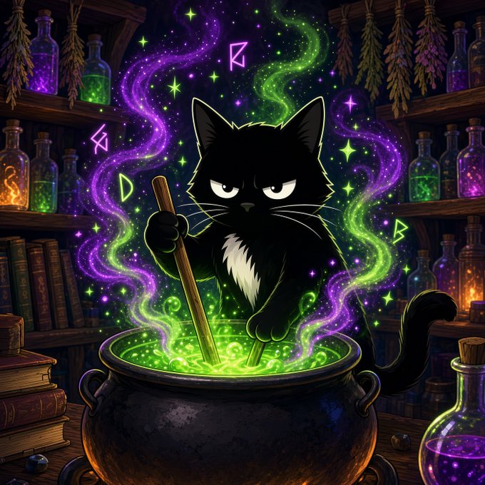 An illustration of a black cat stirring a glowing green cauldron in a magical room filled with potion bottles, books, and purple and green mystical smoke with runes.