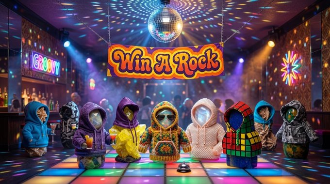 A vibrant nightclub scene with a disco ball and a 'Win A Rock' banner, featuring a lineup of hooded figures with various costume heads standing on a colorful dance floor.