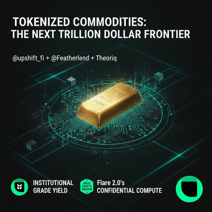 A promotional graphic titled 'TOKENIZED COMMODITIES: THE NEXT TRILLION DOLLAR FRONTIER' by @upshift_f1 + @Featherlend + Theoriq, featuring a gold bar on a circuit board with tags for 'Institutional Grade Yield' and 'Flare 2.0's Confidential Compute'.