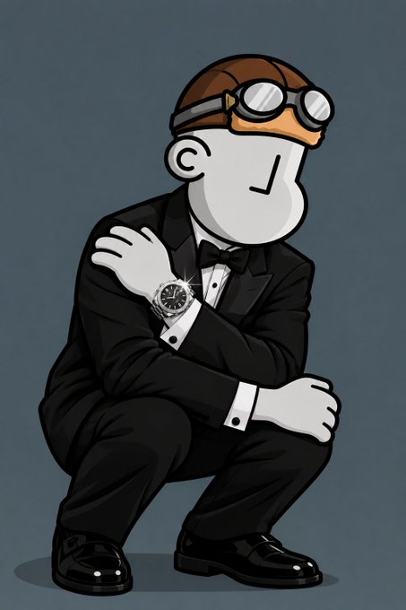 A cartoon illustration of a man in a black tuxedo and bow tie crouching, wearing aviator goggles on his head and displaying a luxury watch.