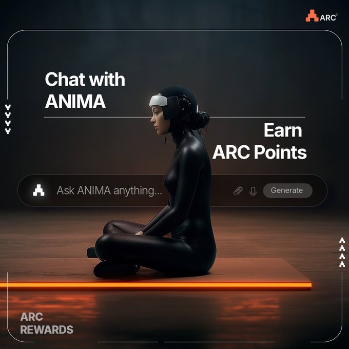 A promotional graphic for ARC featuring a woman in a black bodysuit with a VR headset sitting cross-legged, promoting "Chat with ANIMA" to "Earn ARC Points," with an input field reading "Ask ANIMA anything..." and labeled "ARC REWARDS."