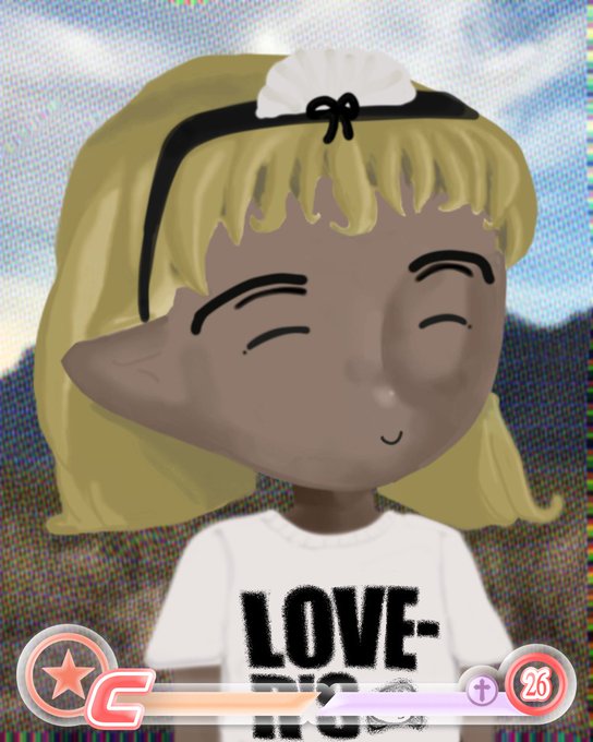 A cartoon-style portrait of a dark-skinned girl with blonde hair and a white headband, wearing a white shirt that says 'LOVE-' with game UI elements at the bottom.