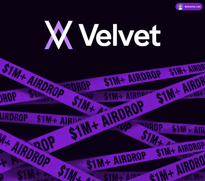 The image features the "Velvet" logo (with a stylized "AV" icon) prominently displayed against a black background, overlaid with crisscrossing purple caution tape repeatedly stamped with "$1M+ AIRDROP" text. This visually emphasizes the $1 million $VELVET token airdrop campaign mentioned in the post, reinforcing the promotional message about Velvet Capital's distribution event running until August 10 with rewards split based on the Gems leaderboard rankings.