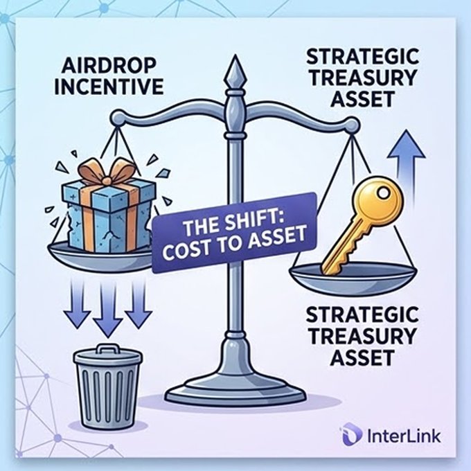 An infographic from InterLink showing a balance scale with 'Airdrop Incentive' (depicted as a gift box) being thrown into a trash bin while 'Strategic Treasury Asset' (depicted as a key) rises up, illustrating 'The Shift: Cost to Asset'.