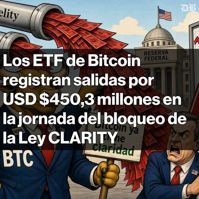 A cartoon-style illustration with Spanish text 'Los ETF de Bitcoin registran salidas por USD $450,3 millones en la jornada del bloqueo de la Ley CLARITY BTC,' depicting a bull and an angry man in front of the Federal Reserve as money flows out of a pipe.