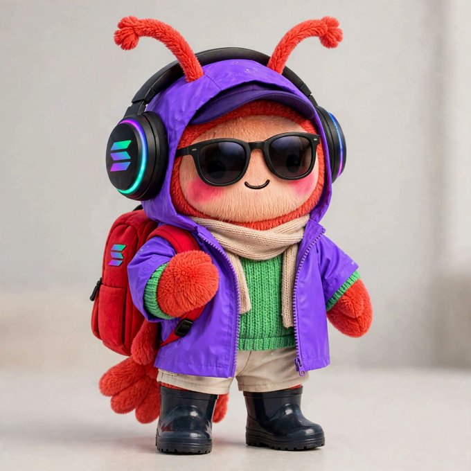A 3D-rendered plush toy character resembling a red bug or lobster wearing a purple jacket, sunglasses, gaming headset, green sweater, scarf, and boots.