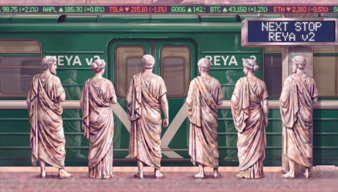 A surreal scene of six classical statues in togas standing with their backs to the viewer at a subway platform, in front of a green train labeled 'REYA v2' and 'NEXT STOP REYA v2', with a stock ticker at the top showing various tickers including AAPL, TSLA, GOOG, BTC, and ETH.