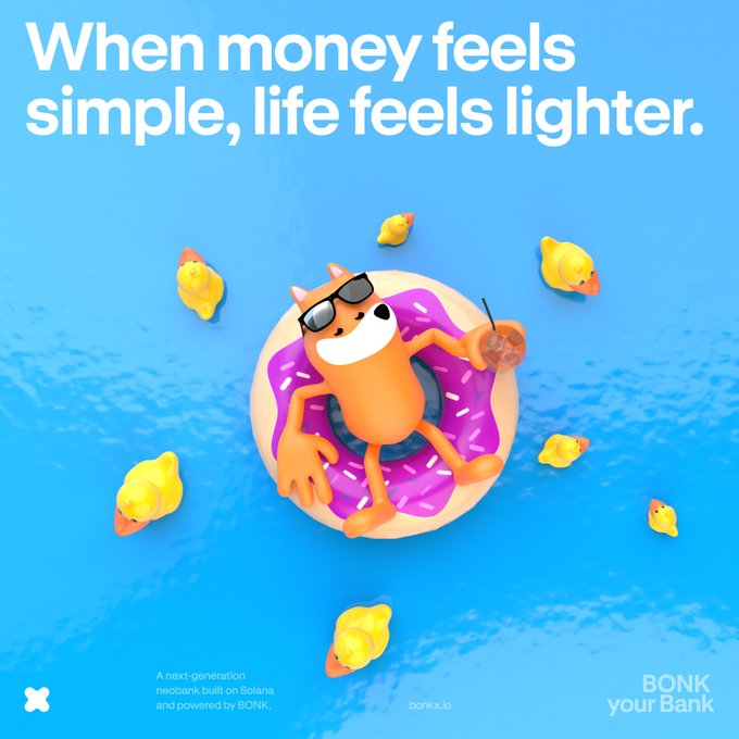 An advertisement for Bonk features a cartoon orange character in sunglasses relaxing on a pink donut float in blue water surrounded by rubber ducks, with the text 'When money feels simple, life feels lighter' and 'BONK your Bank' from bonk.x.io.