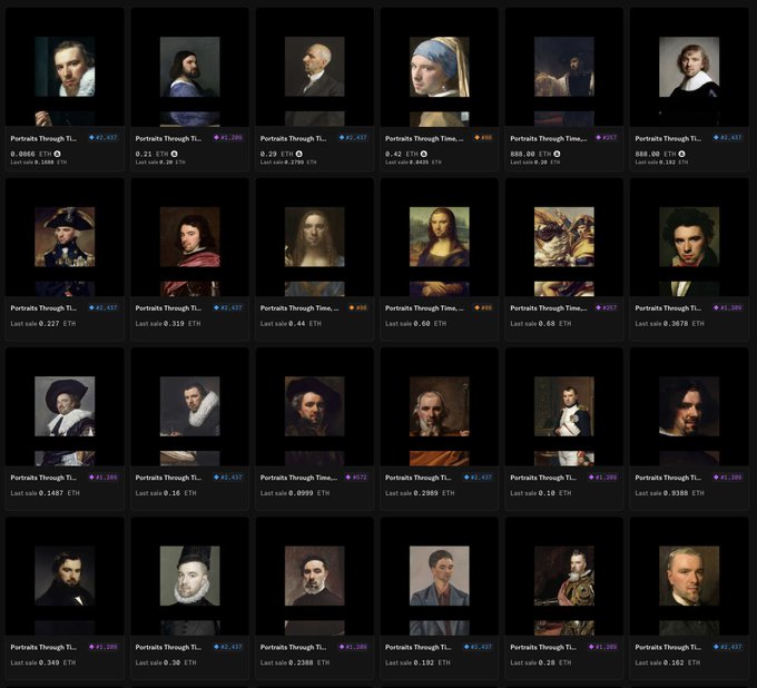 The image shows a large collection of vintage portraits, varying from the Renaissance period to more modern times. These paintings depict people with different styles, showcasing various historical periods and artistic movements. The post features four descriptions that provide context about each portrait's value or rarity, emphasizing its importance in the overall collection. The website sells these portraits directly to collectors, making it accessible for enthusiasts interested in the diverse range of artwork available.