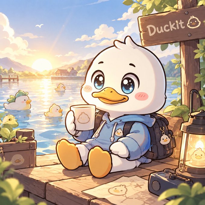 A cute cartoon illustration of a white duck character wearing a blue hoodie holding a coffee cup, sitting by a lake with a 'Duckit' sign, a lantern, and other ducks in the water during sunset.