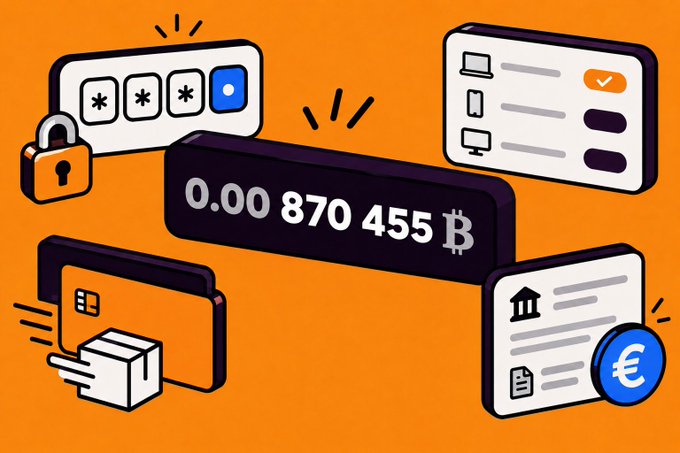 An illustrated graphic on an orange background shows a cryptocurrency wallet interface with the Bitcoin address '0.00 870 455 ₿' alongside icons for passwords, devices, and banking.