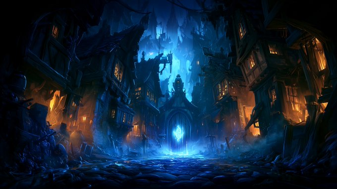 A dark, atmospheric fantasy village scene with crooked, glowing houses surrounding a cobblestone courtyard lit by an ethereal blue portal and warm orange lantern light.