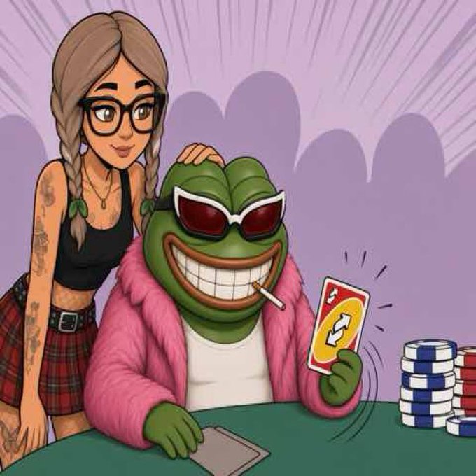 A digital illustration of a girl with braids and glasses leaning on a smug Pepe the Frog character wearing sunglasses and a pink fur coat at a poker table, holding a reverse card.
