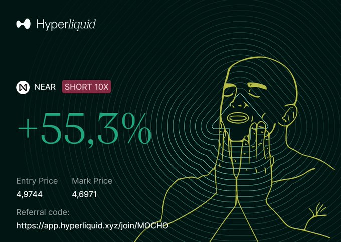 A Hyperliquid trading interface shows a successful SHORT 10X position on NEAR with a +55.3% return, featuring an entry price of 4.9744 and mark price of 4.6971, alongside a stylized line-art illustration of a person holding their face and a referral link to app.hyperliquid.xyz/join/MOCHO.