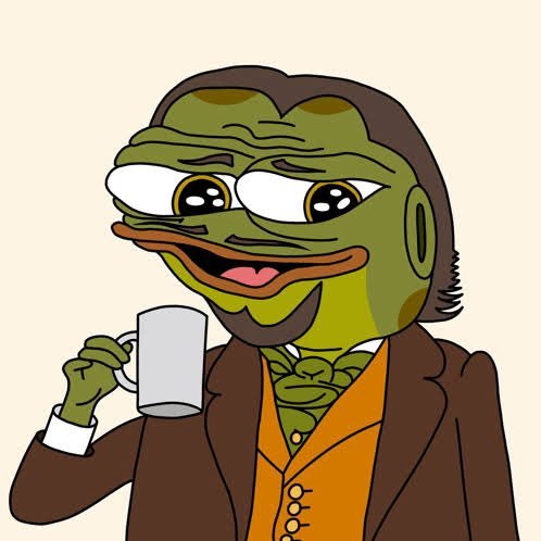 The image features Pepe the Frog dressed in a brown suit and orange vest, sipping from a white mug with a relaxed, contented expression, perfectly complementing the post's message about enjoying a peaceful morning while watching the #HOPPY and #Pepe crypto ecosystem thrive. The refined attire and coffee-sipping pose visually reinforce the "stay classy" sentiment in the caption.