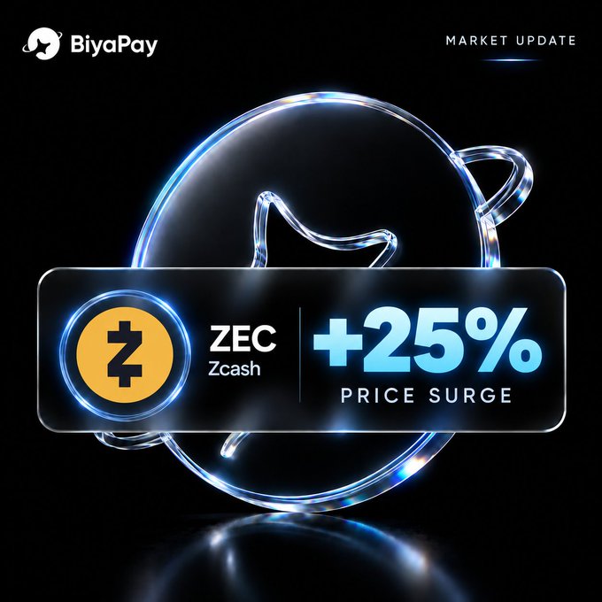 A BiyaPay 'Market Update' graphic featuring a glowing Zcash (ZEC) logo with the announcement '+25% PRICE SURGE' in bold cyan text.