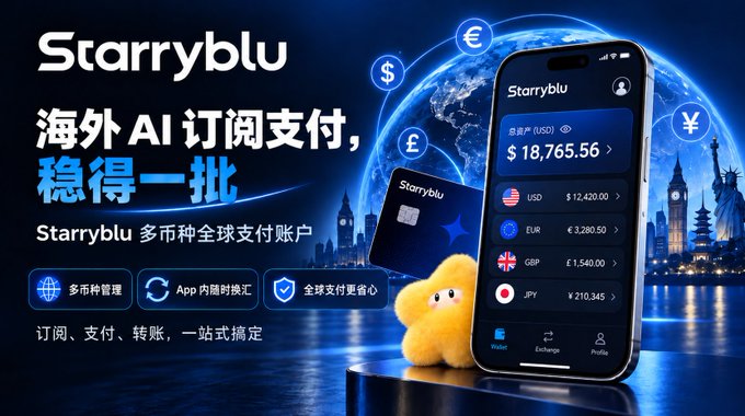 A promotional advertisement for 'Starryblu' featuring a smartphone displaying multi-currency balances (USD $18,765.56, EUR, GBP, JPY) with Chinese text advertising overseas AI subscription payments.